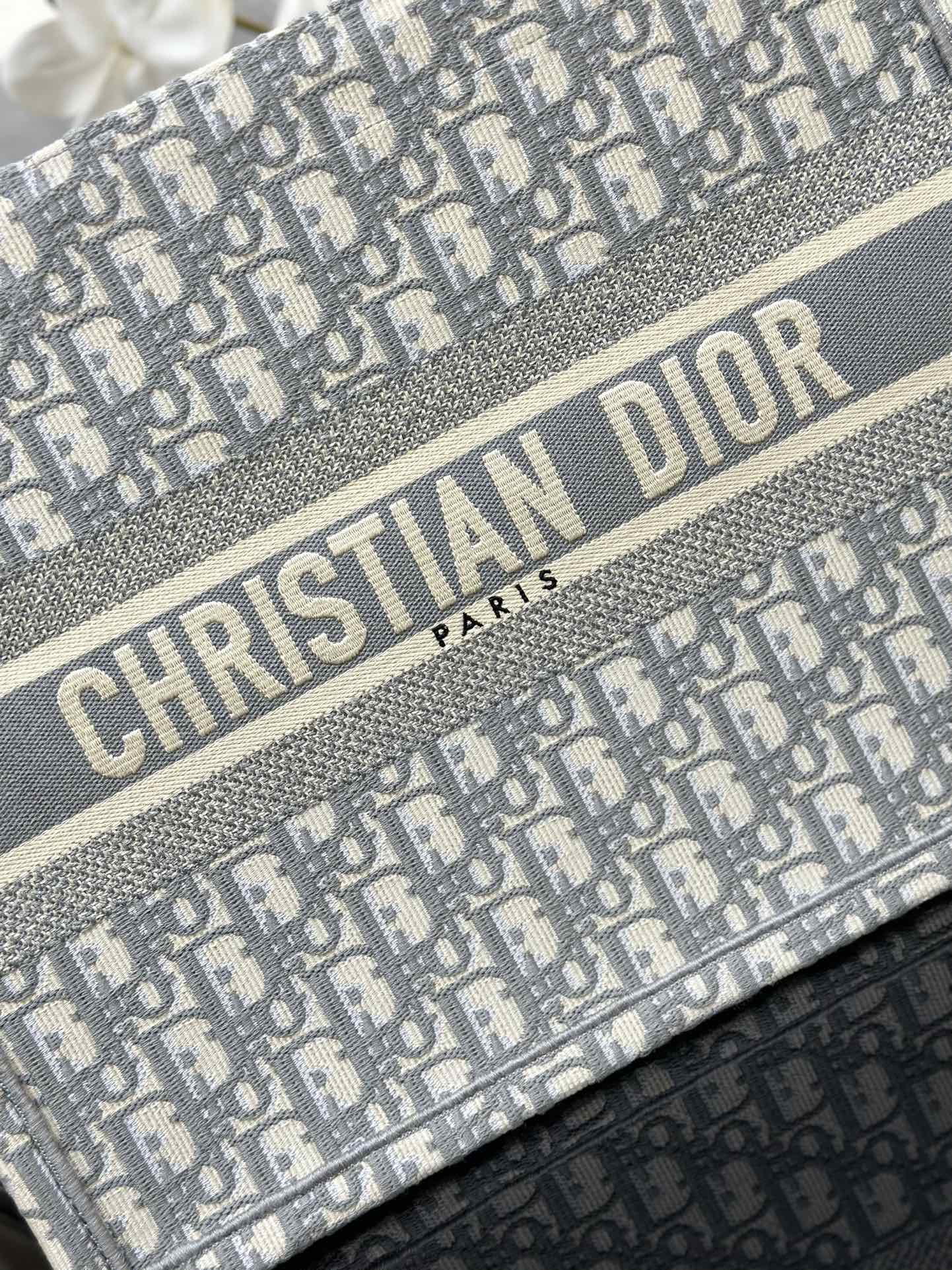 Medium Dior Book Tote Bag Ecru and Gray Dior Oblique Embroidery